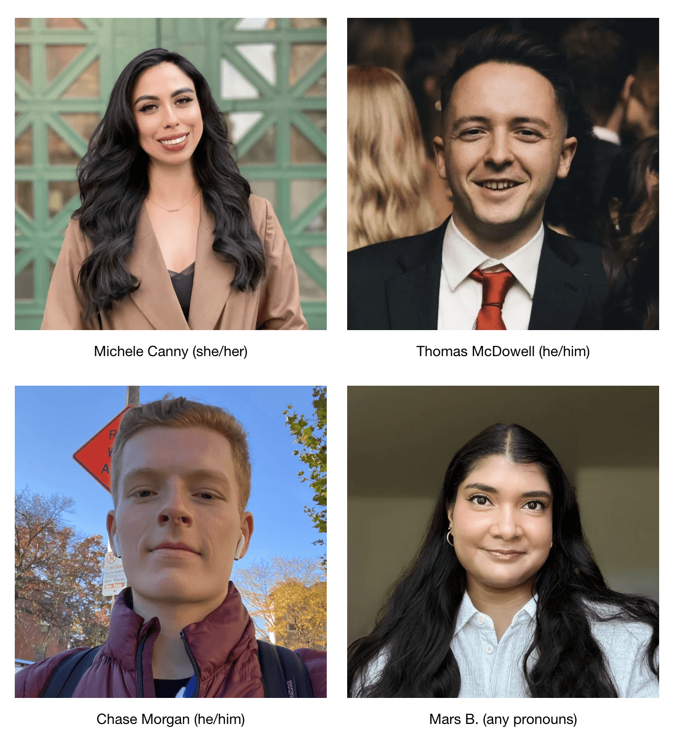 Quatro pessoas são retratadas em retratos individuais, cada uma sorrindo diante de cenários diferentes: uma mulher com cabelo preto longo ao ar livre, um homem de terno em um evento, um homem de jaqueta vermelha com árvores ao fundo e uma pessoa com cabelo preto longo em ambiente interno com um fundo neutro.