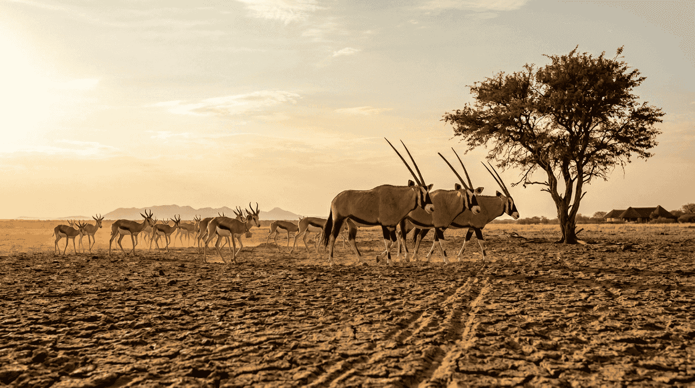 Oryx and springbok crossing Namibian plain
