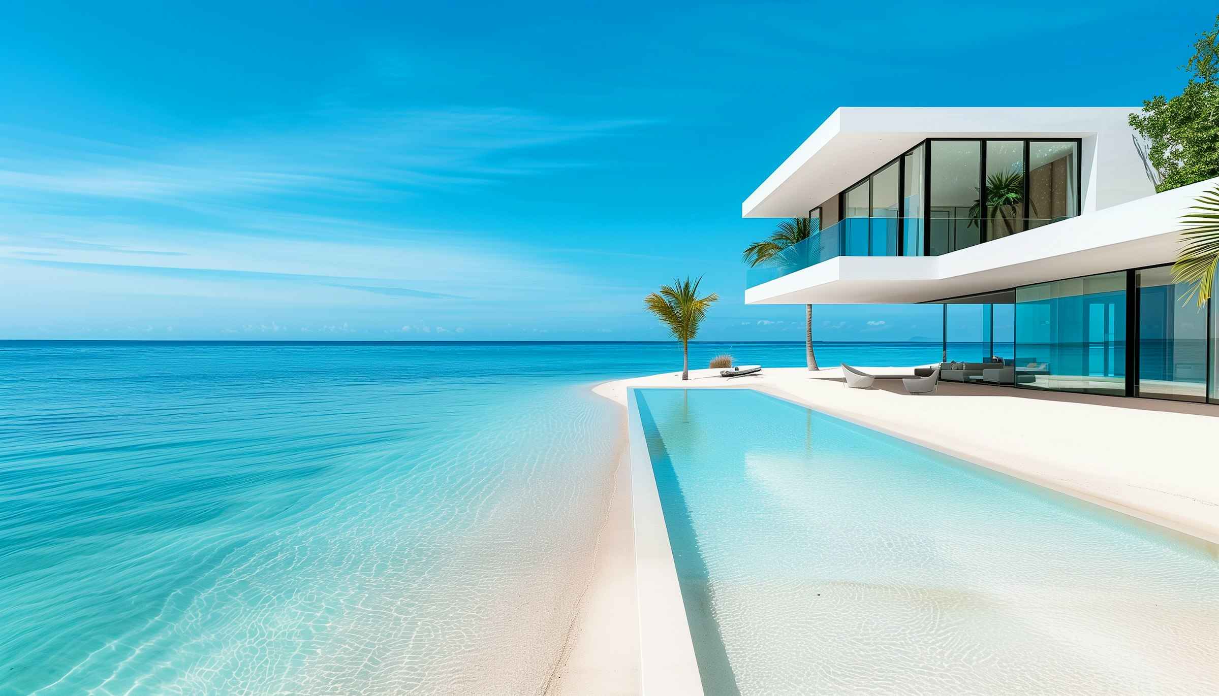 A house on the beach with and inifinity pool surrounded by the blue ocean