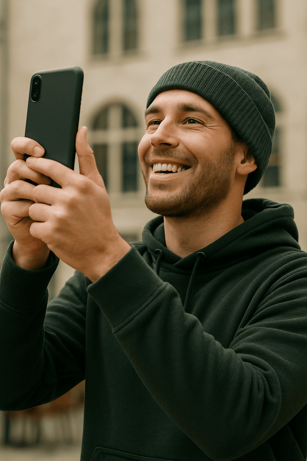Chico en la calle mostrando un edificio a la app de Orga AI durante una videollamada