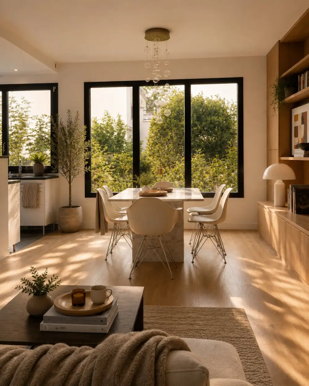 Salle à manger rénovée avec table en marbre, chaises Eames blanches et grande baie vitrée sur jardin, maison familiale Hauts-de-Seine
