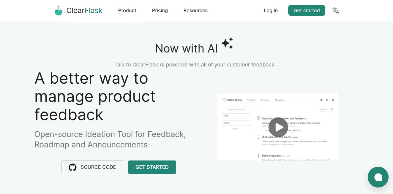 ClearFlask homepage: "A better way to manage product feedback" with AI feature callout