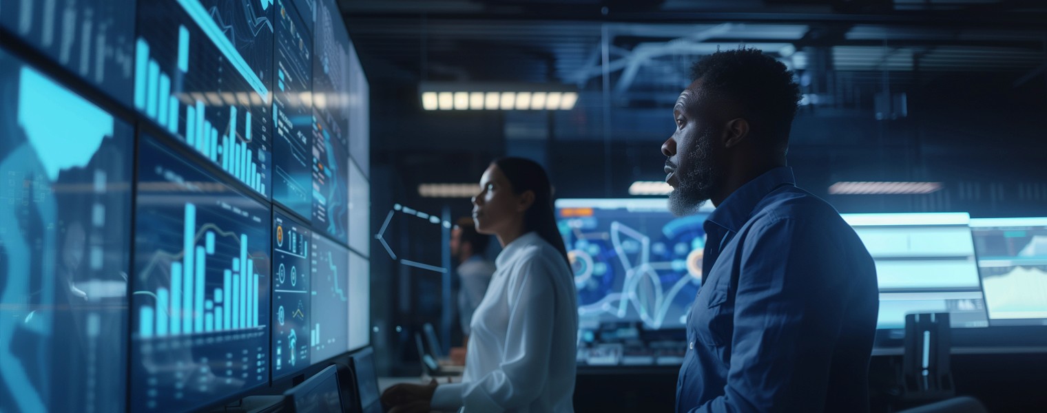 Two people working in front of a screen.