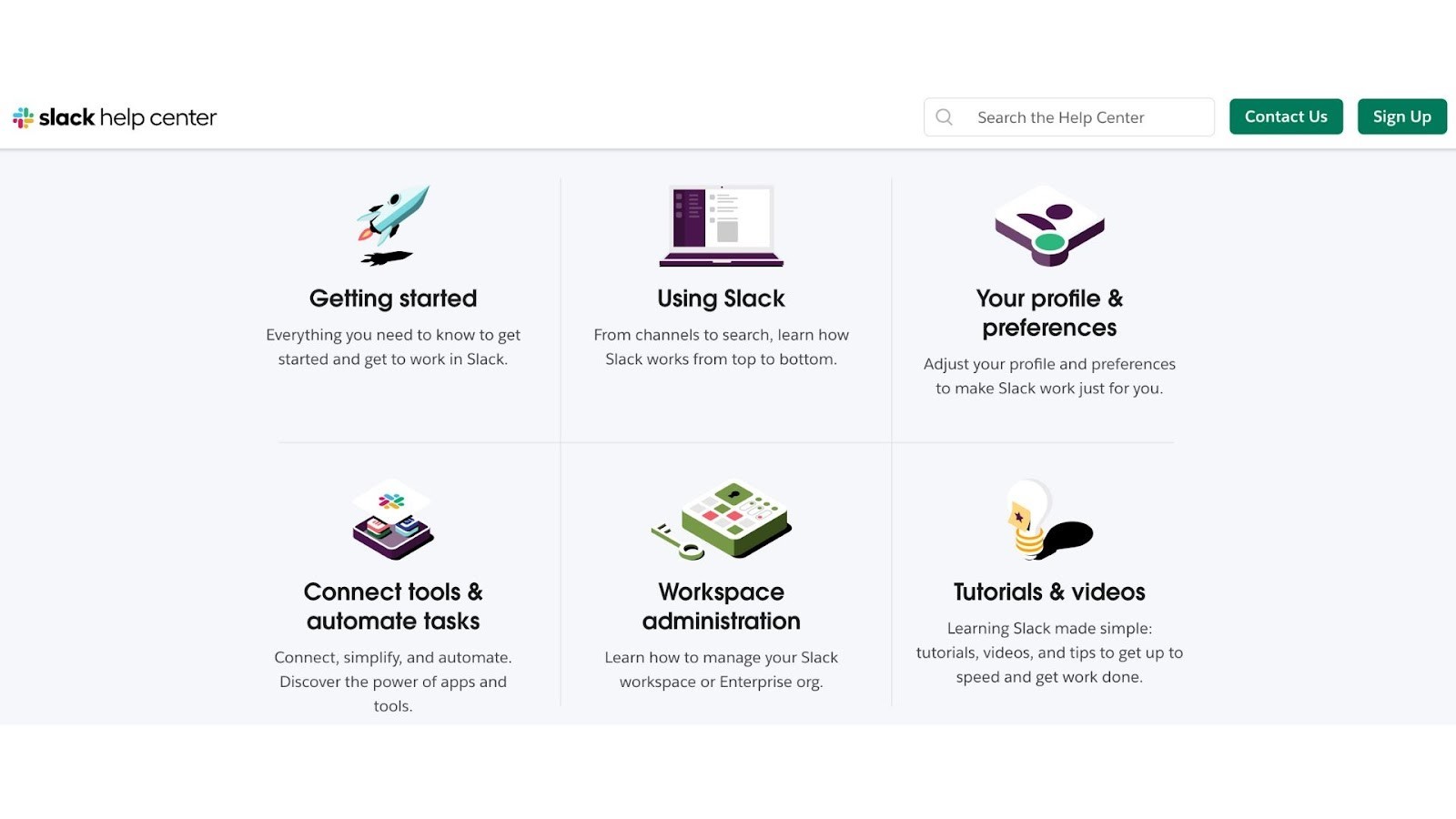 Slack’s help center’s resources for user support and onboarding