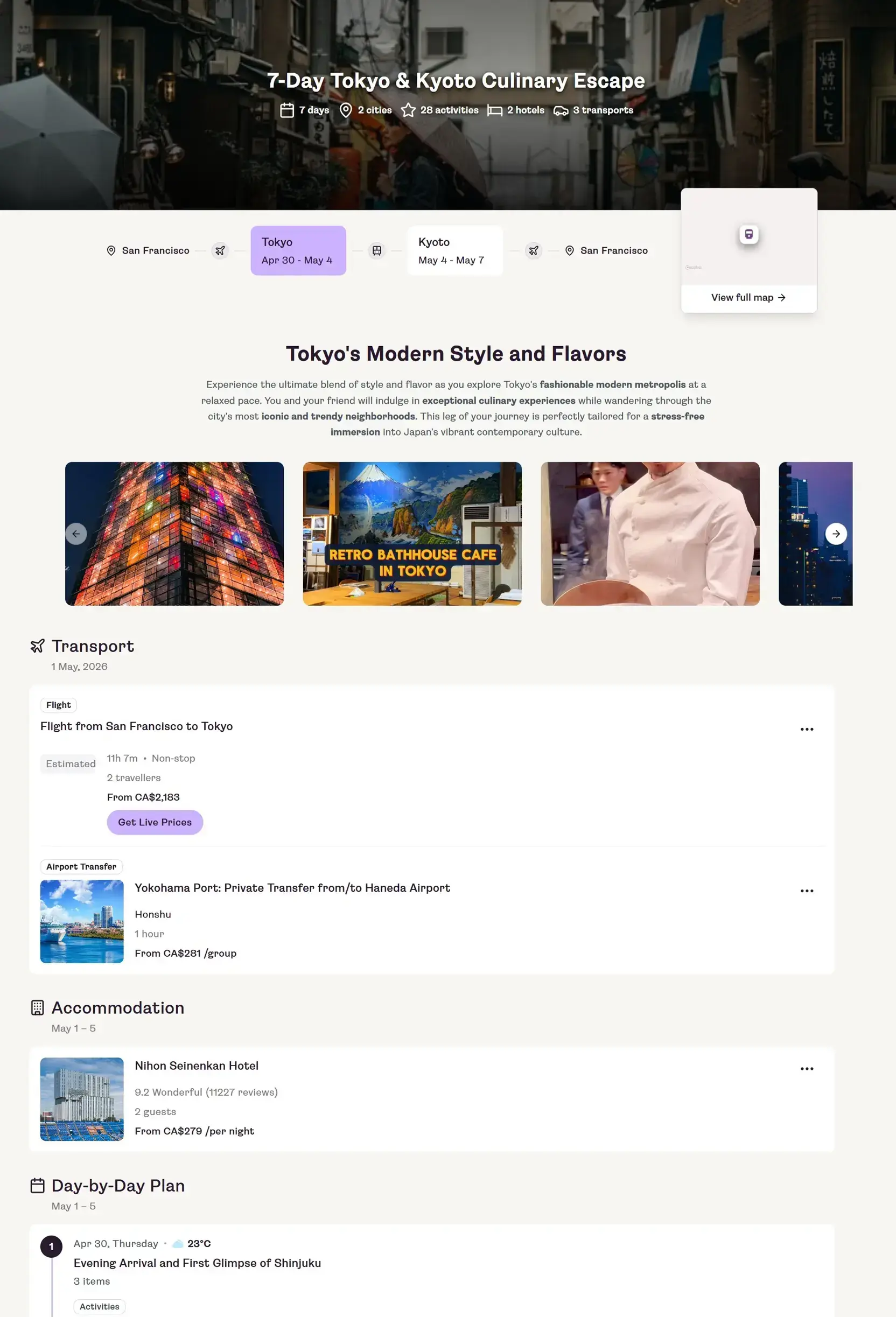 Tokyo Kyoto culinary escape itinerary showing 7-day trip plan with flights, accommodation and activities from San Francisco