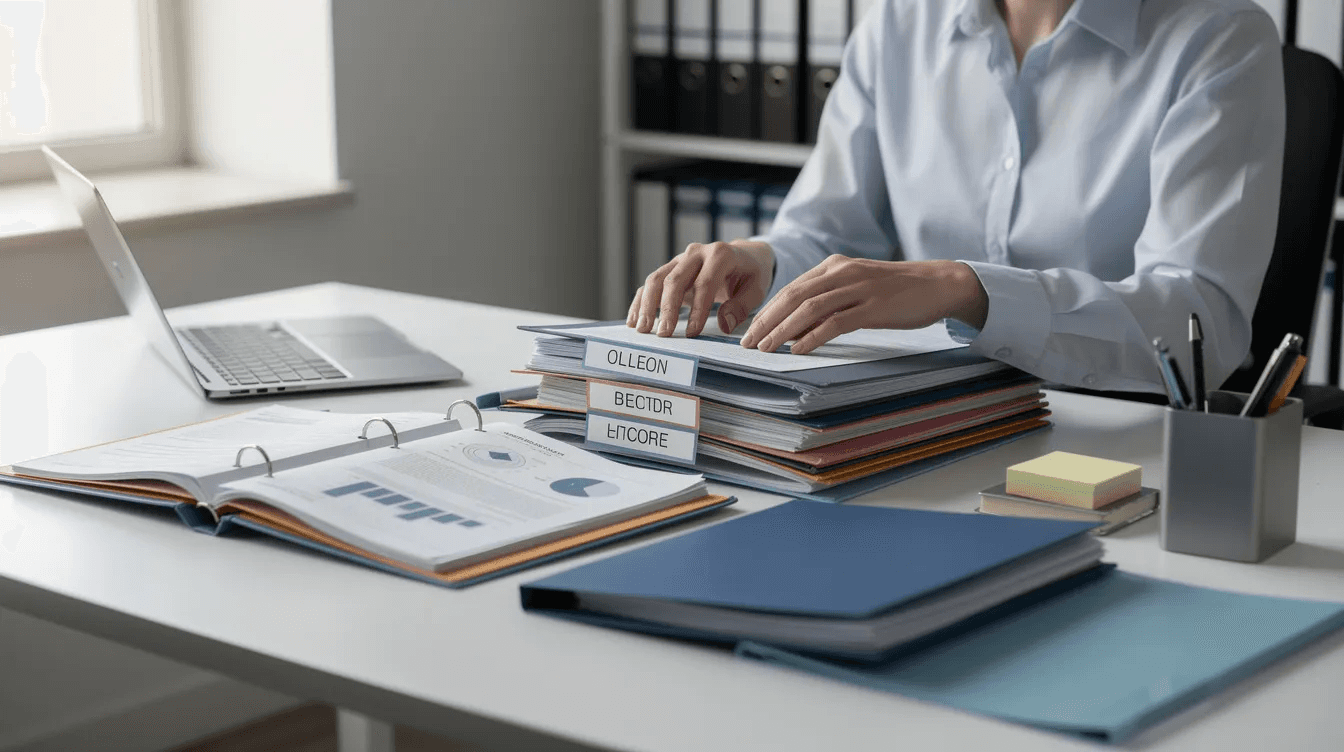 A person is seated at a desk, meticulously organizing various business documents and folders, which may include financial records and tax invoices related to VAT registration in the UAE. The scene reflects a focus on ensuring compliance with VAT regulations and preparing for the VAT registration process as outlined by the federal tax authority.