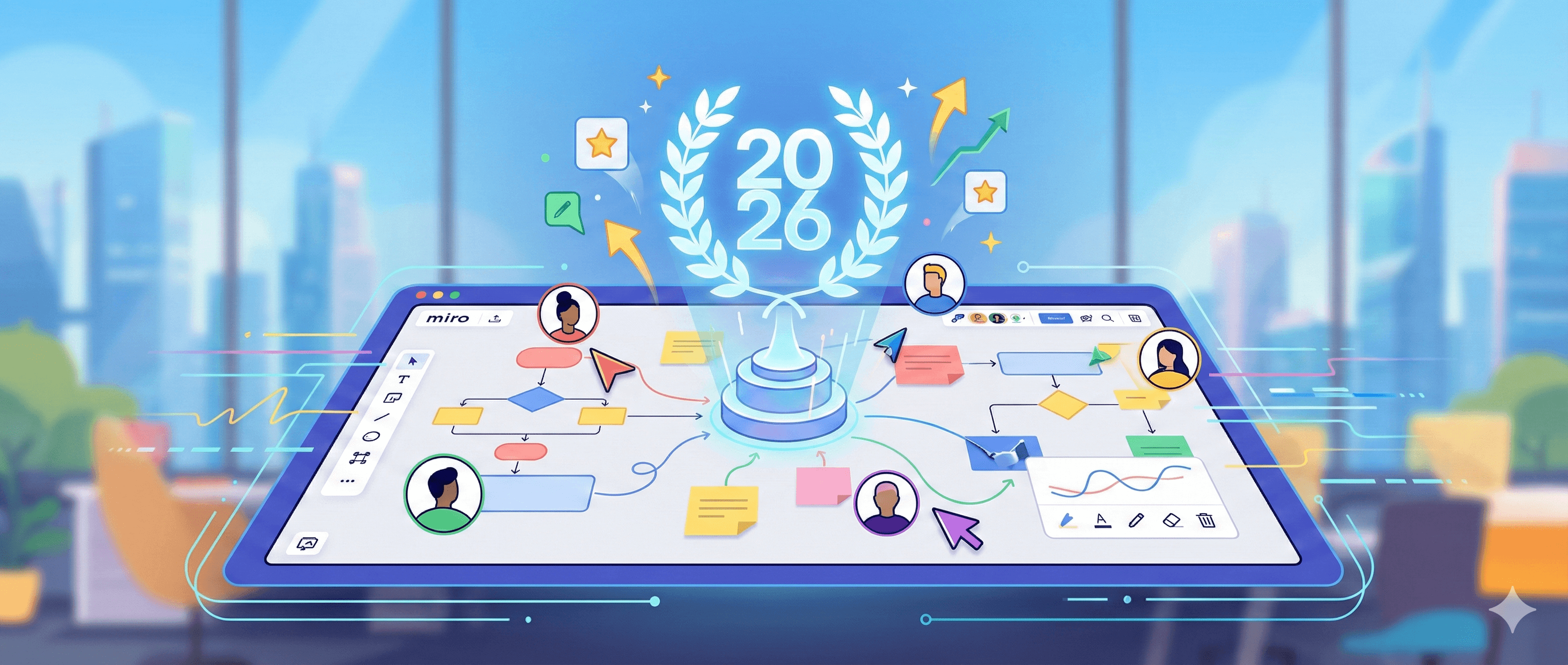 The image shows a digital whiteboard displaying a flowchart with various elements and collaborative icons, symbolizing enhanced team collaboration, with a prominent "2026" emblem in the center, set against a backdrop of modern office windows overlooking a city skyline.