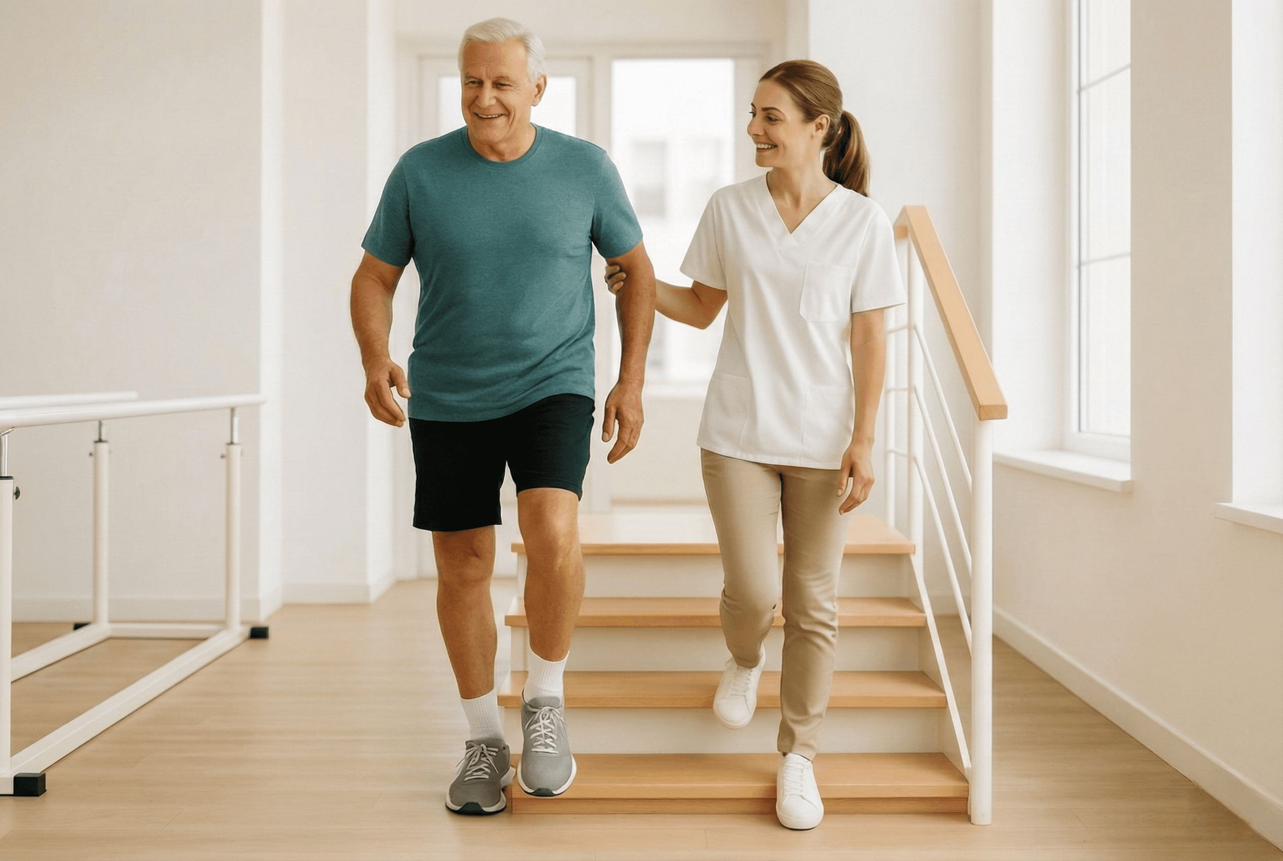 Recovered patient walking confidently after knee replacement surgery.