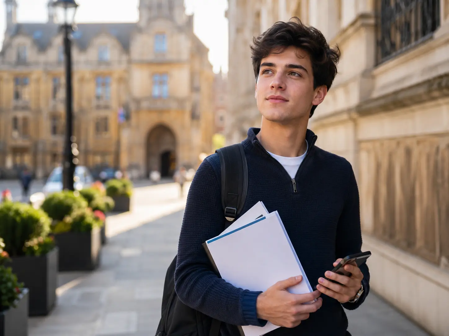 Future university student holding application documents outside a European university campus looking for a student accomodation