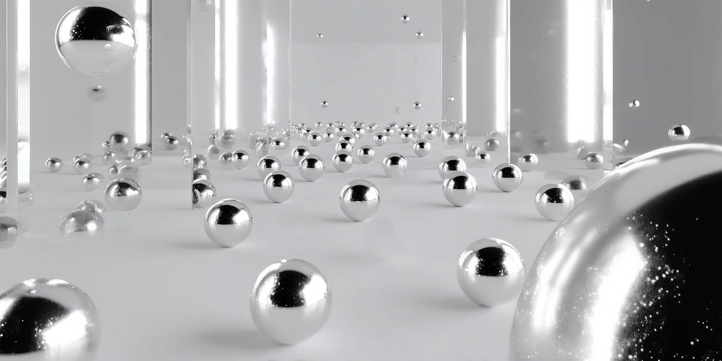 A chaotic arrangement of metallic spheres in motion within a reflective white environment, symbolizing algorithmic uncertainty, constant change, and loss of control.