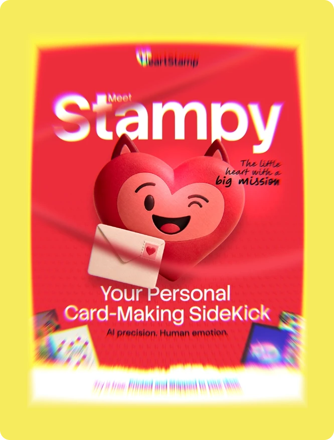 Bright red Stampy poster featuring a smiling pink heart character holding an envelope, with text promoting a personal card-making sidekick.