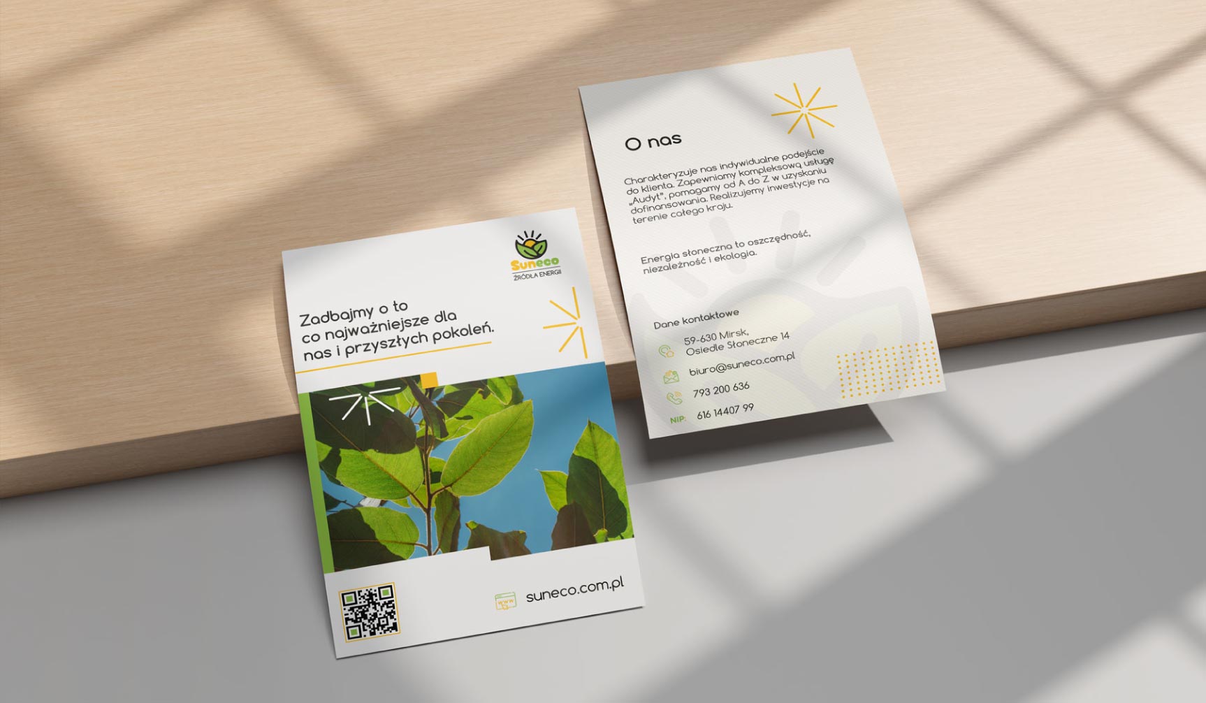 Projekt ulotki z grafiką promocyjną suneco
