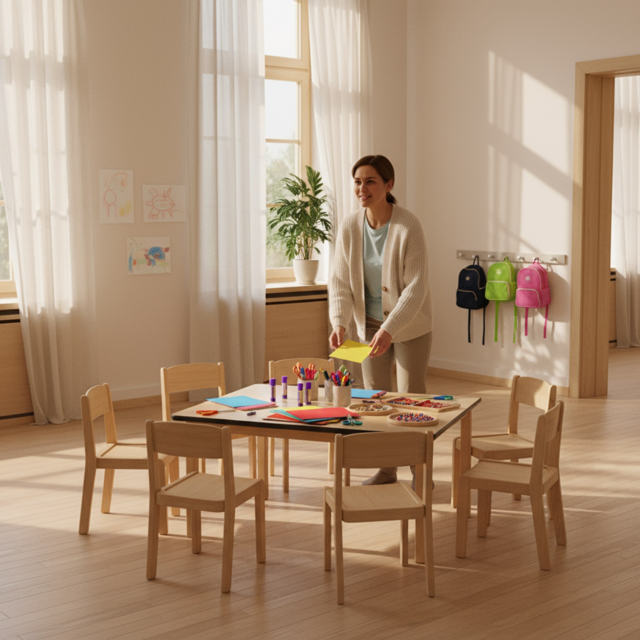 Ein ruhiger Gruppenraum mit wenigen Stühlen im Kreis, ein Ordner mit Teilnehmerlisten liegt auf einem Tisch. Eine Betreuerin richtet Bastelmaterialien her, die Fenster lassen warmes Licht herein. Der Raum wirkt startklar für die Nachmittagsgruppe.