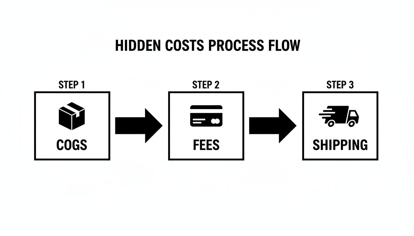 Process flow diagram showing hidden costs: COGS, Fees, and Shipping as sequential steps.