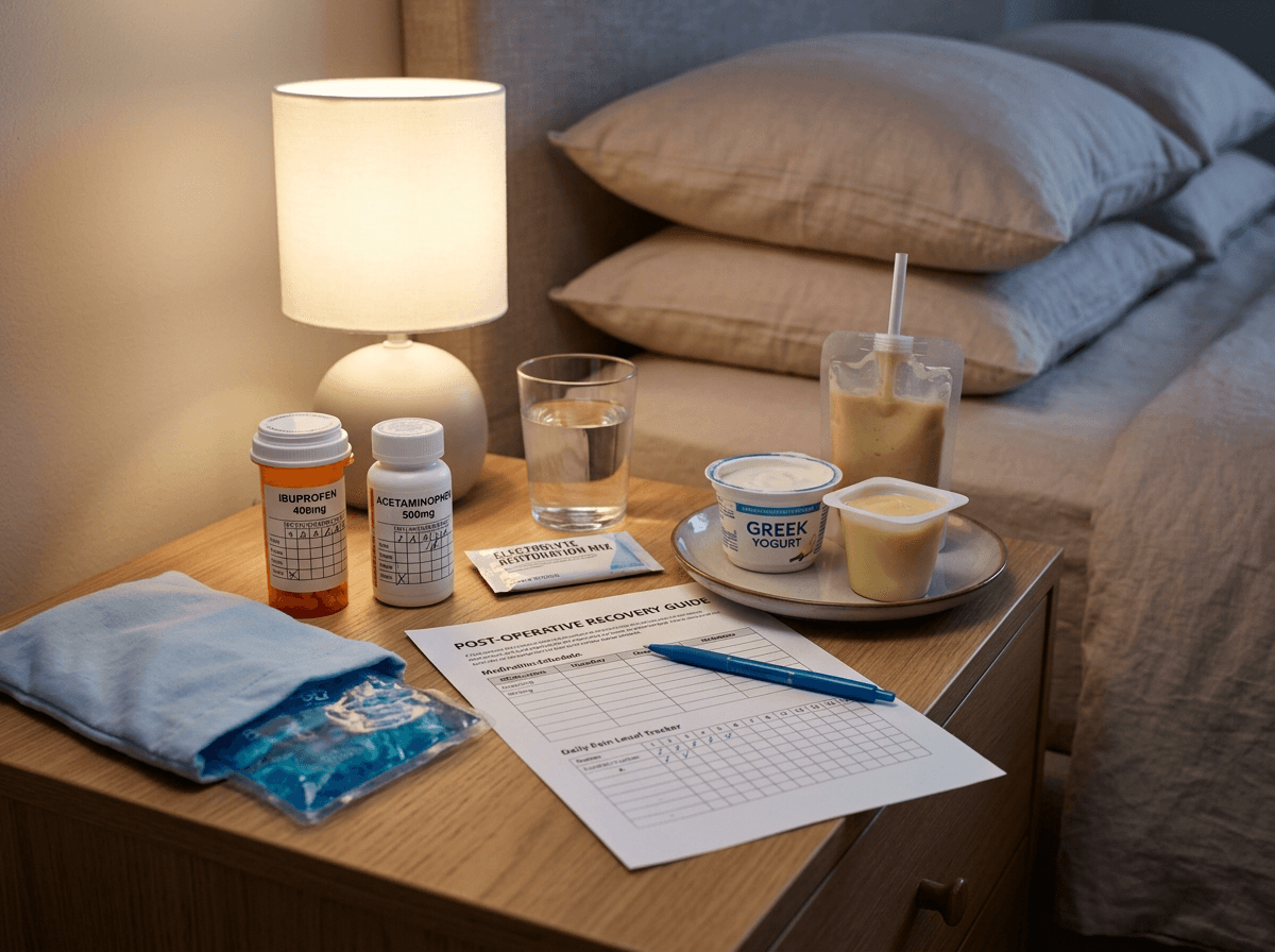 Organized post-operative dental implant pain management supplies including ice, over-the-counter medication, and soft foods for implant recovery