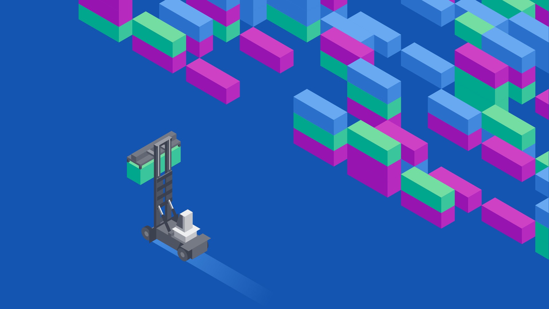 Simple isometric illustration of a container depot with a forklift transporting one container and a large number of containers in the background.