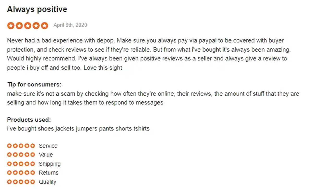 Depop Sitejabber Positive Review