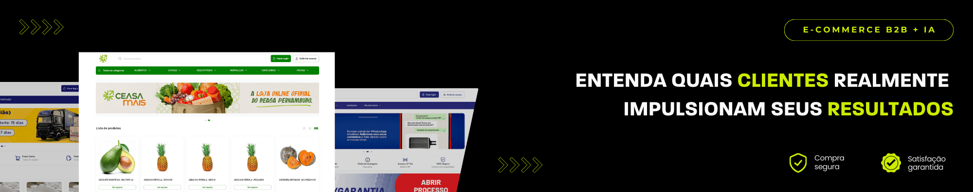 Banner horizontal com fundo escuro, ícones de segurança e satisfação, e imagens de lojas B2B exibidas à esquerda. Elementos gráficos em verde destacam o tema de e-commerce B2B com IA.