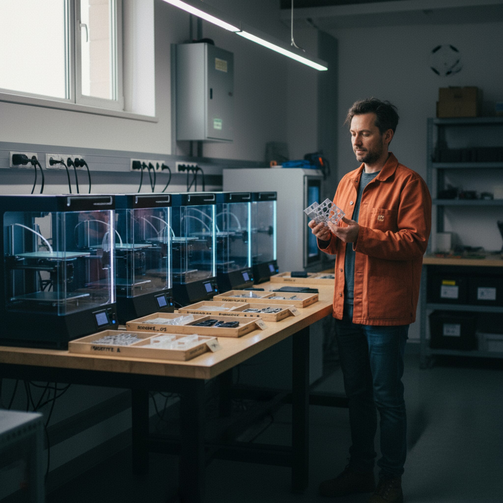 Eine Reihe 3D-Drucker arbeitet gleichmäßig, transparente Gehäuse lassen die Schichten wachsen. Auf einem Tisch stehen frisch gedruckte Teile ordentlich beschriftet. Eine Person begutachtet vorsichtig die Oberfläche eines Bauteils. Kühles LED-Licht trifft auf matte Werkstattflächen und erzeugt eine konzentrierte, technische Ruhe.