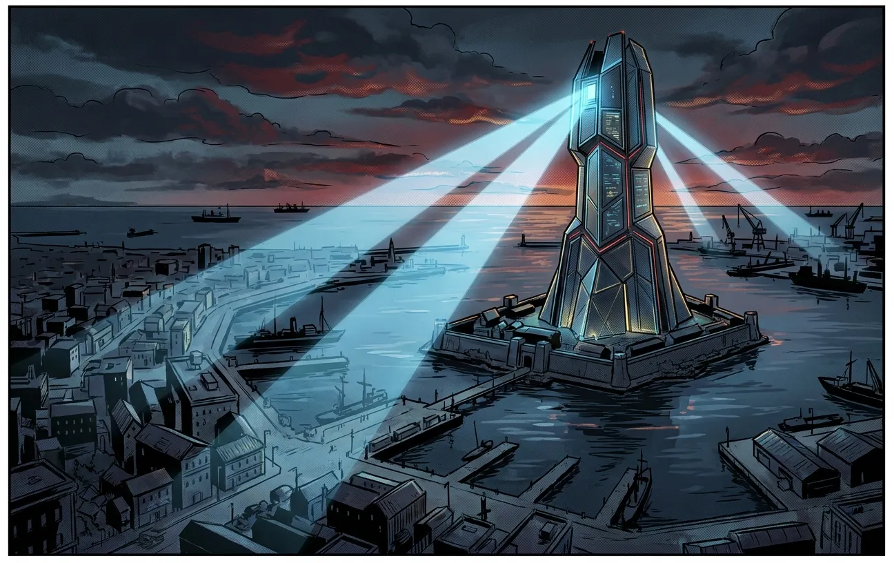 Futuristic tower at sunset, symbolizing RockN' Socials Digital Marketing Agency.