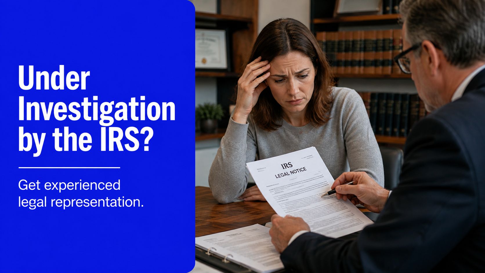 A client with a worried expression reviews legal paperwork with their attorney in an office.