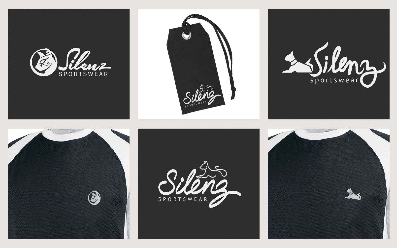 Grid of Silenz Sportswear logo variations applied on clothing tags and sportswear garments.