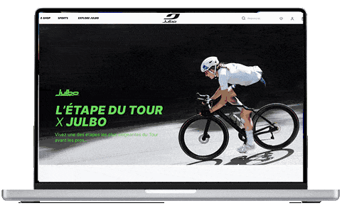 Page d’accueil Julbo mettant en avant l’Étape du Tour de France, avec un cycliste en action sur fond sombre.