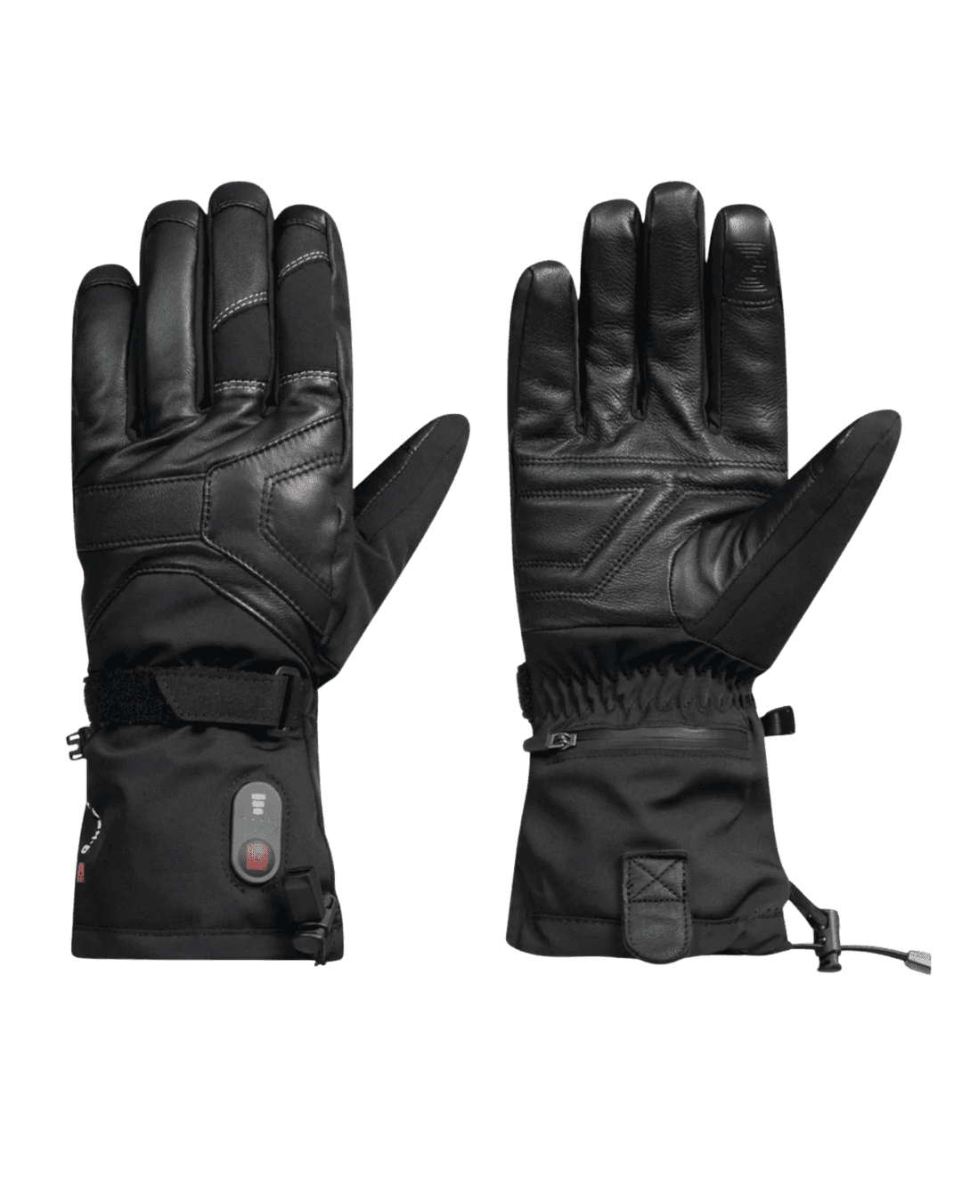 Mitaine chauffante noire rechargeable avec batterie intégrée, idéale pour travail extérieur par temps froid.