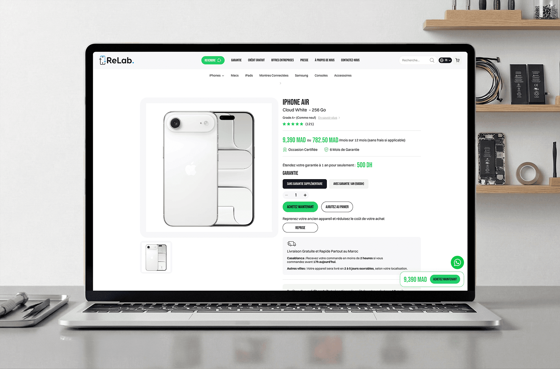 Une page produit détaillée sur le site de vente Relab.ma faite par Novaa.studio.
