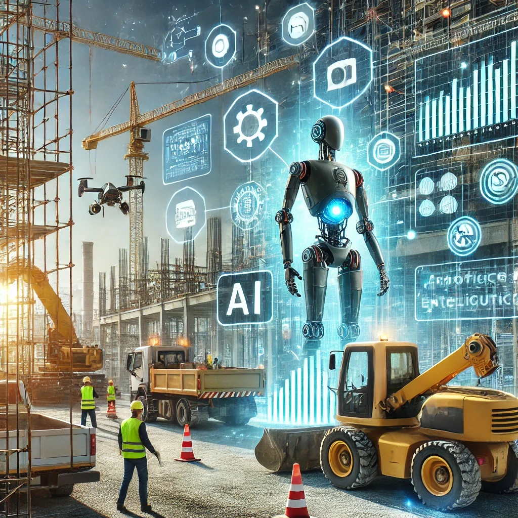 Chantier de construction utilisant l'intelligence artificielle pour gérer les ressources et automatiser les processus, avec des robots et des drones assistés par des tableaux de bord numériques pour optimiser la sécurité et l'efficacité