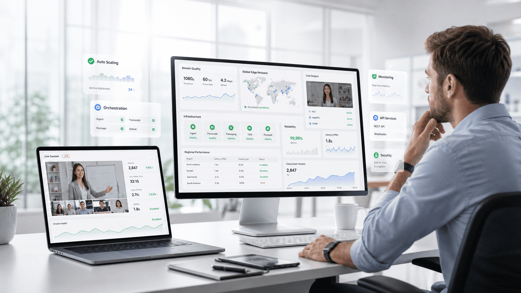 Product team reviewing live streaming infrastructure dashboards for an EdTech platform