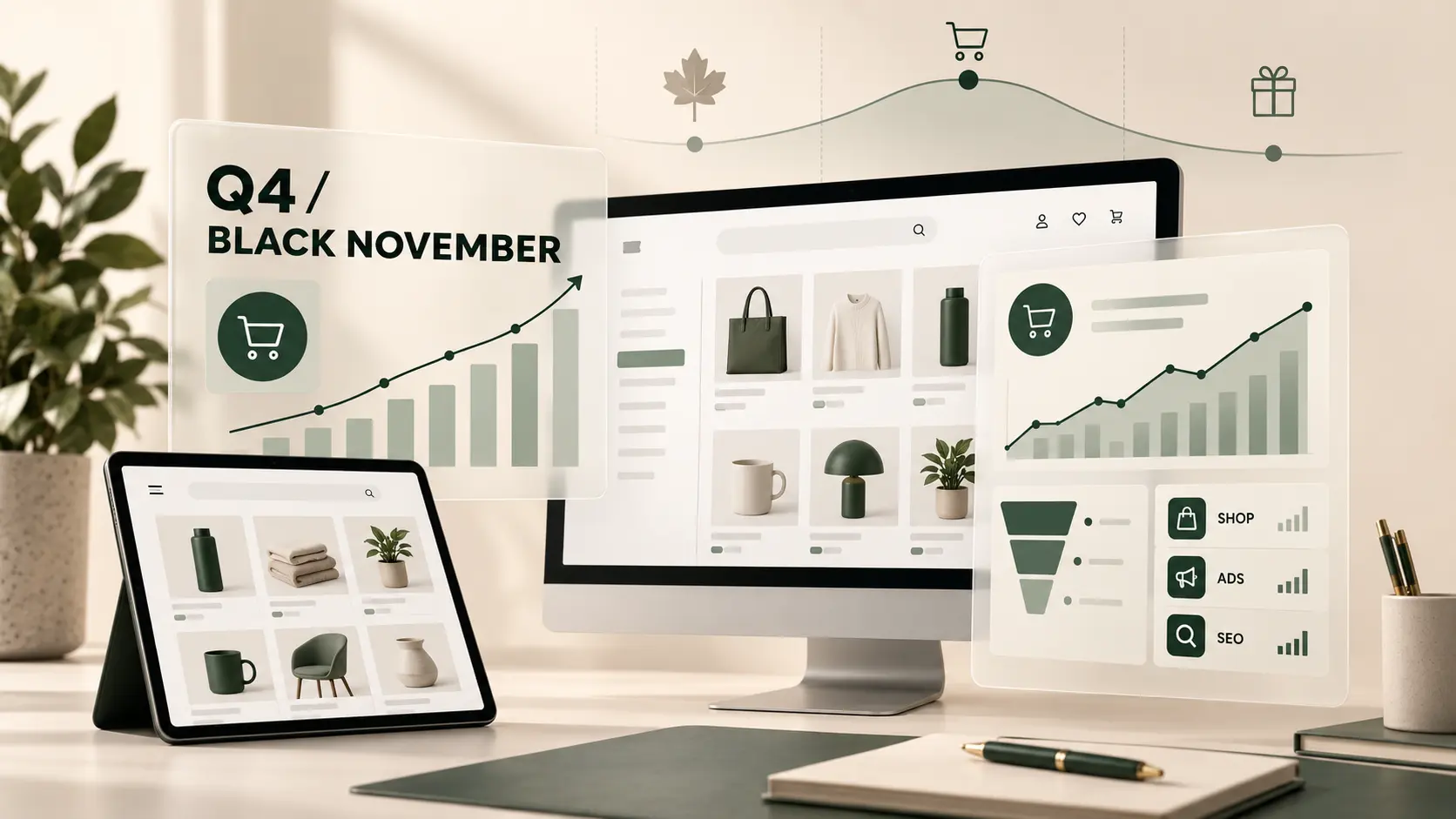 Illustration af en webshop og et Q4-dashboard med salgsgrafer samt overblik over annoncering og SEO til Black November.