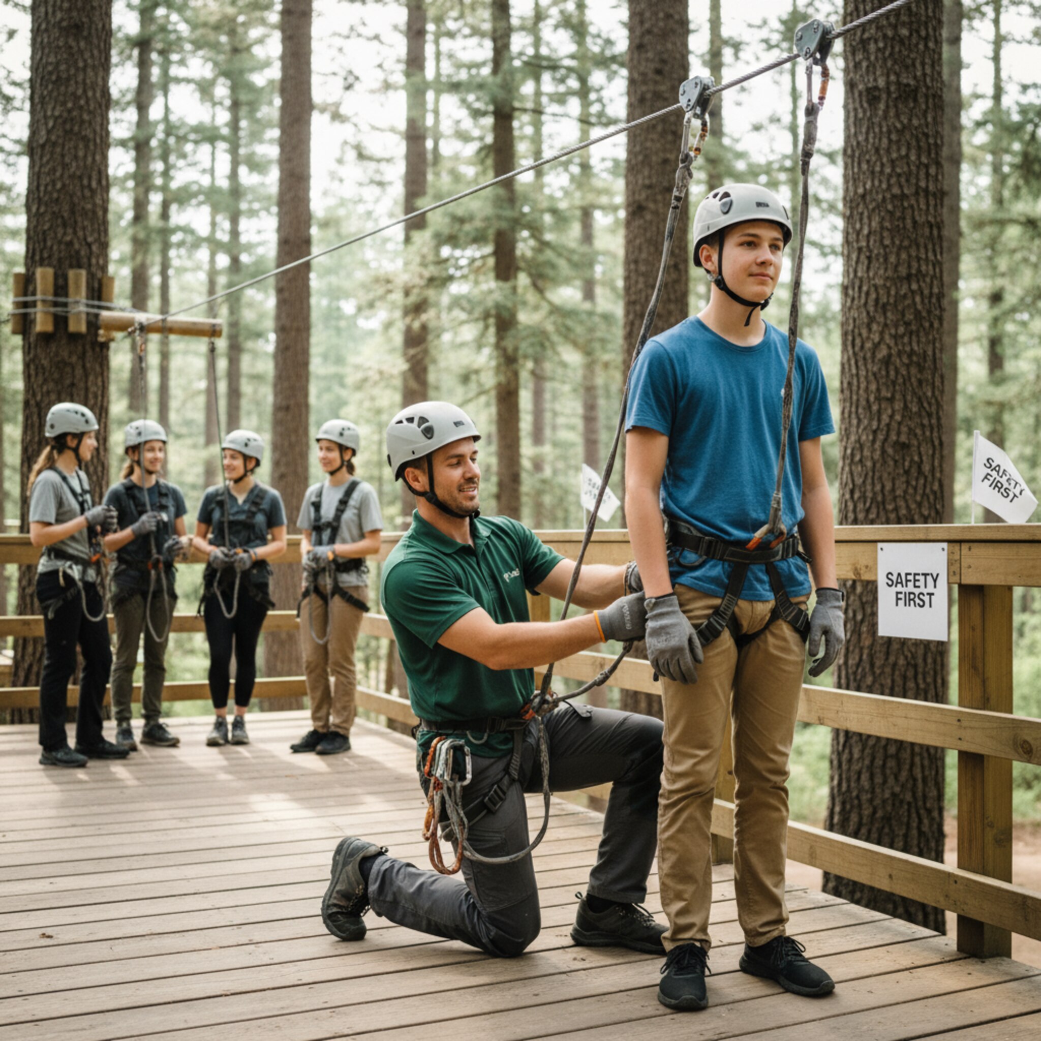 Ein Guide zieht einem Jugendlichen am Startpodest den Gurt fest, während Sonnenstrahlen durch Kiefern auf glänzende Karabiner fallen. Im Hintergrund wartet eine kleine Gruppe ruhig auf das Go. Der Wind bewegt sanft die Fahnen. Die Szene wirkt konzentriert und voller Vorfreude.