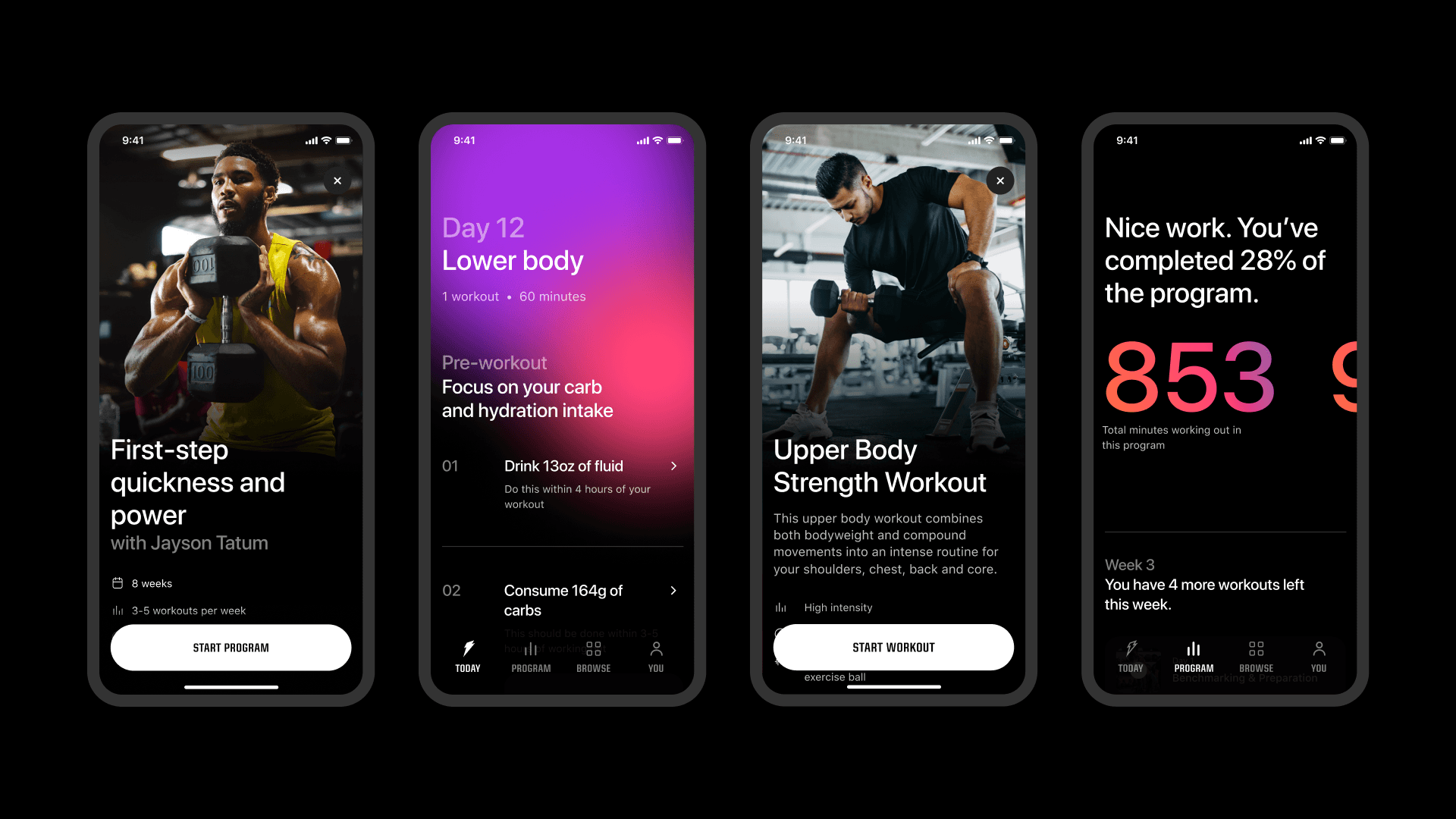 Screenshot of key screens within the Gatorade Gx mobile app experience.