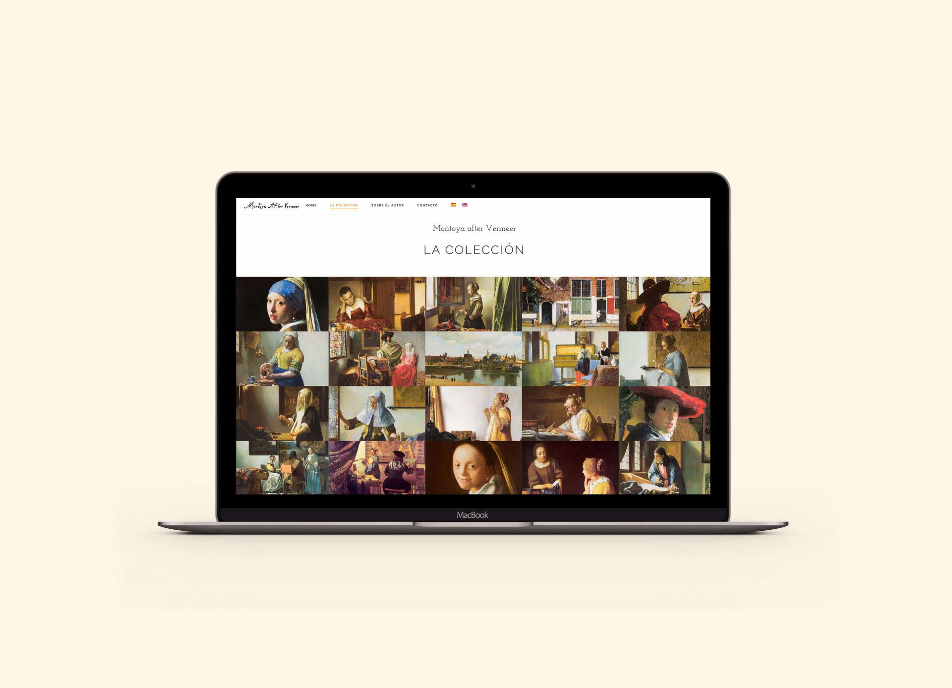 Pantalla de computadora mostrando colección de arte inspirada en Vermeer, obras clásicas y retratos famosos.