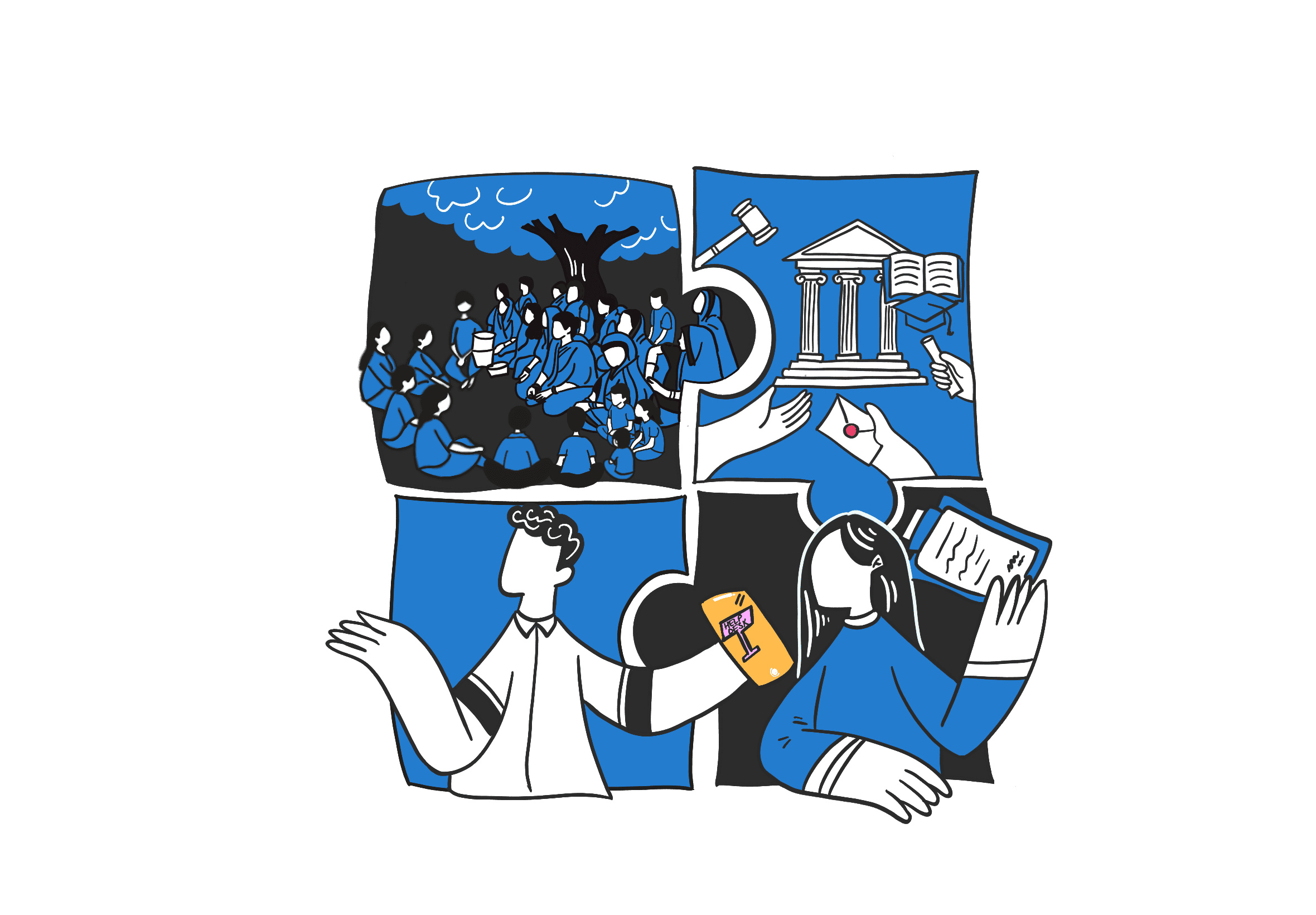 A square shaped jigsaw puzzle illustration which has people, institutions featured