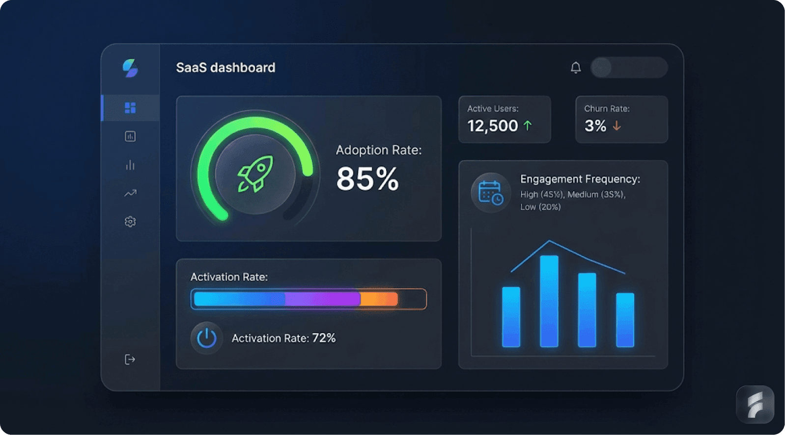 A 3D SaaS dashboard showing key metrics like Adoption Rate, Active Users, and Engagement Frequency, highlighting feature usage statistics and churn rate.