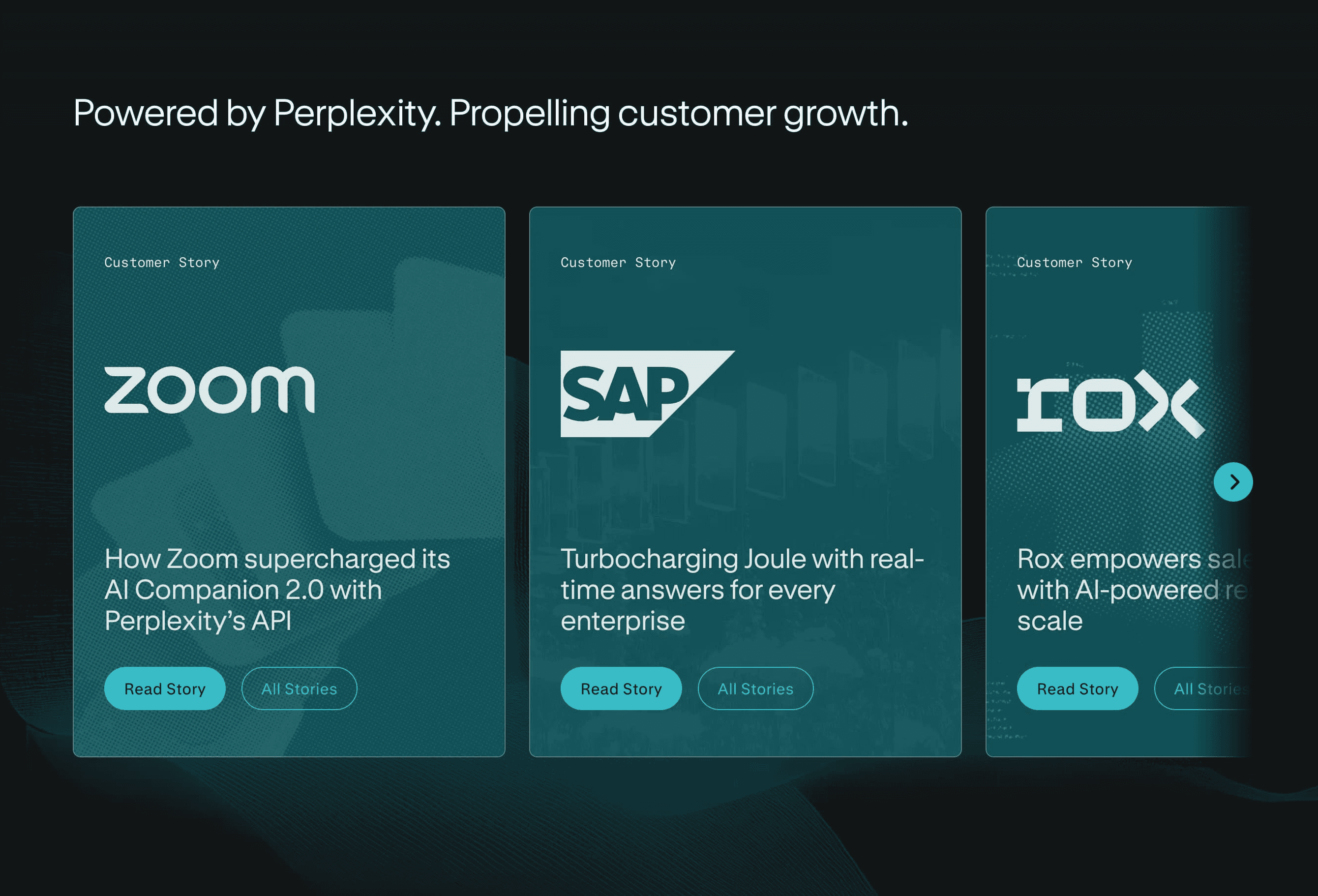 Perplexity customer stories featuring Zoom, SAP, and Rox
