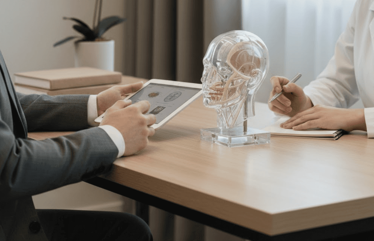 High-end plastic surgery consultation room designed for SEO Consulting for Plastic Surgeons. Two people seated across from each other at a modern table.