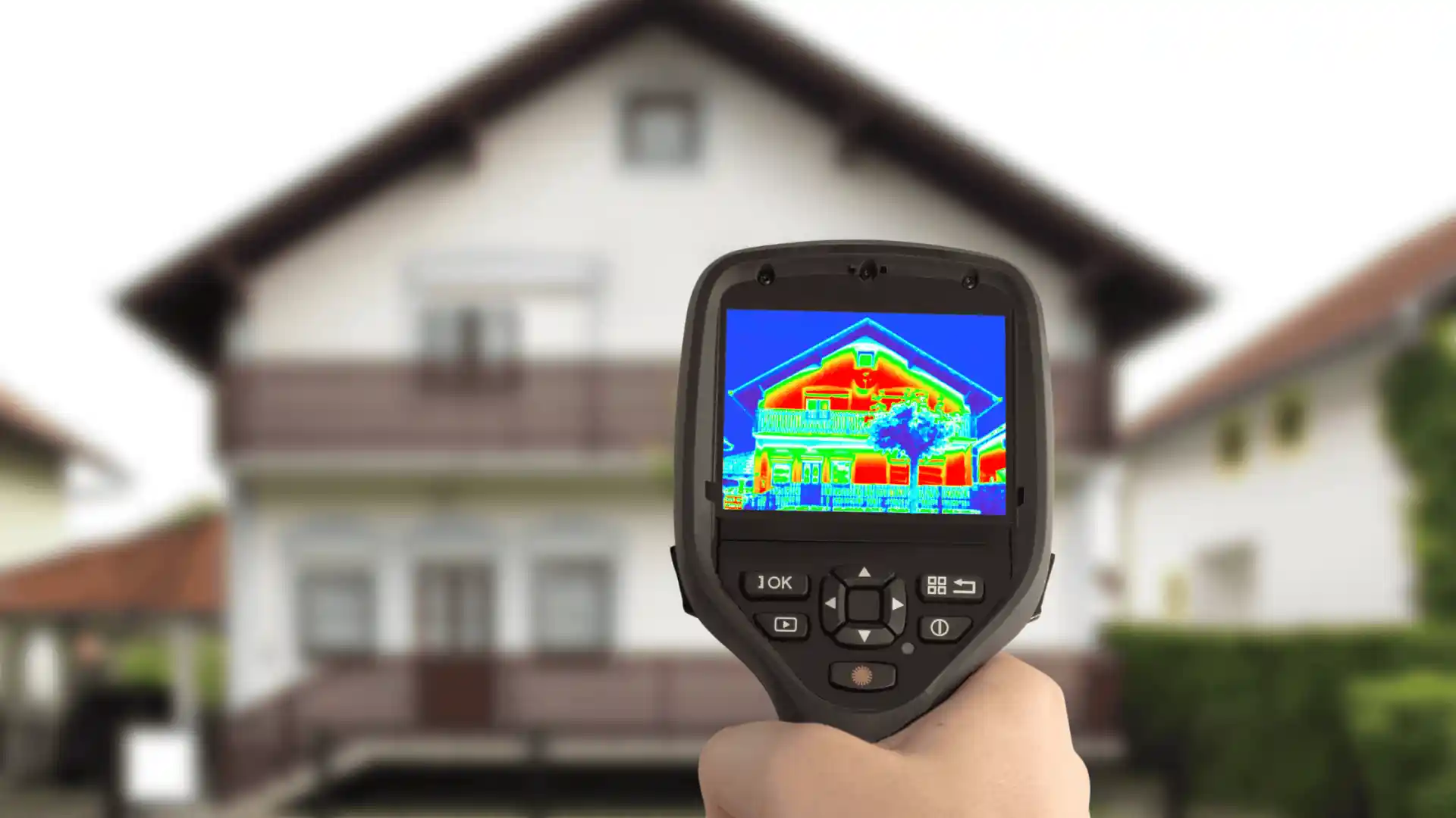 A handheld thermal vision tool showing home energy loss