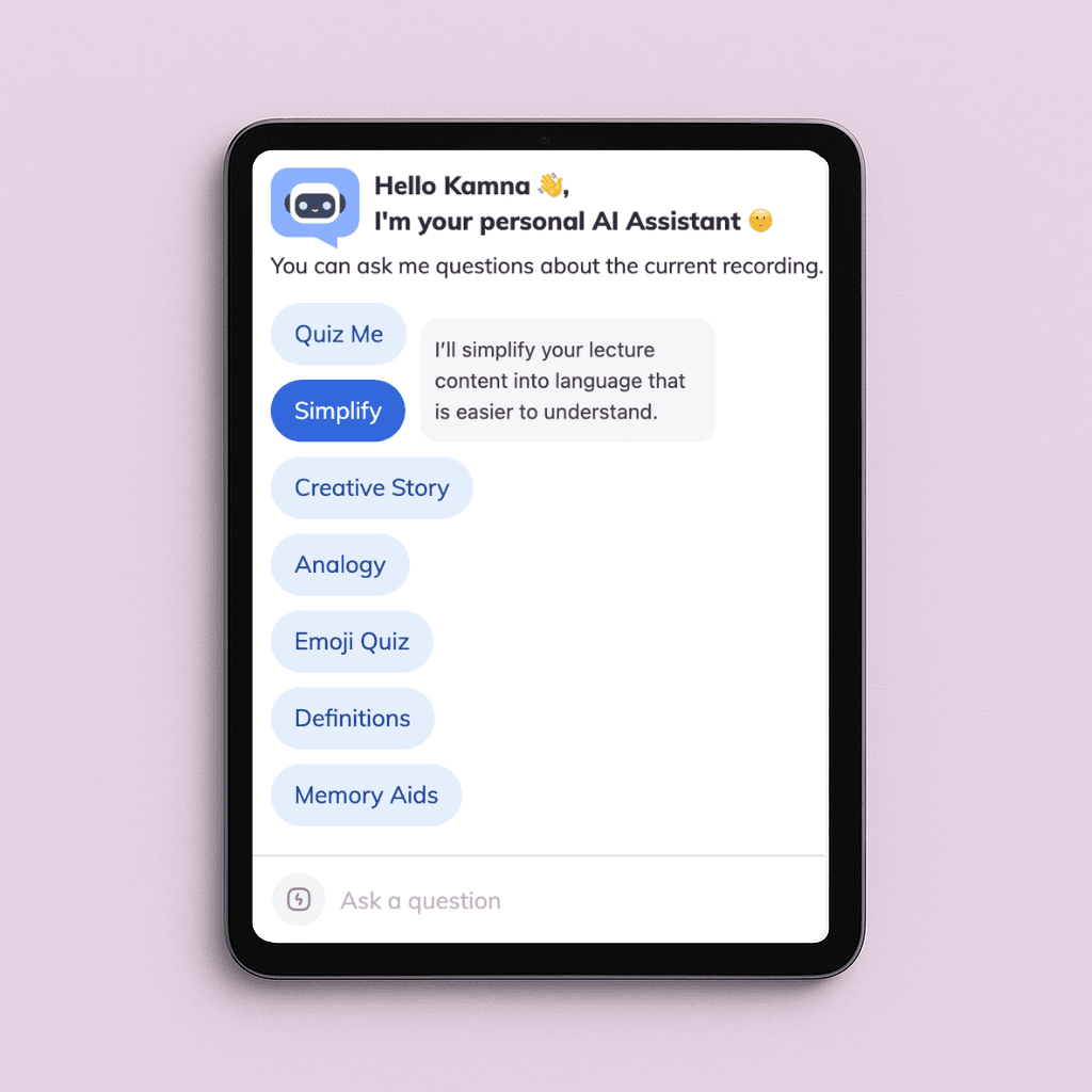 A screenshot showing Jamworks' JamAI personal tutor mode called Simplify. It is displayed on a tablet device.