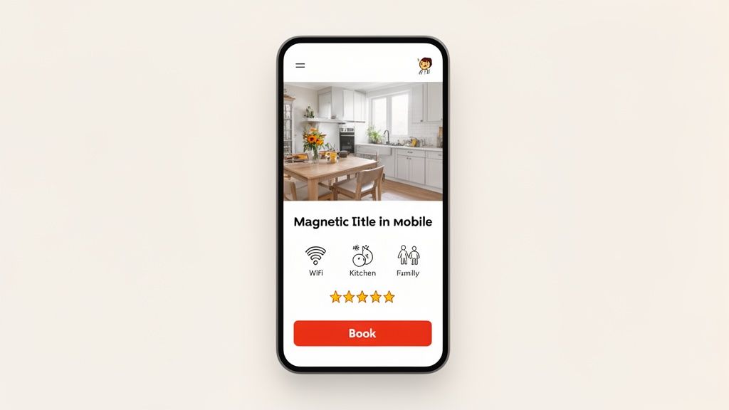 Mobile app screen displaying a kitchen property listing, amenities, 5-star rating, and Book button.