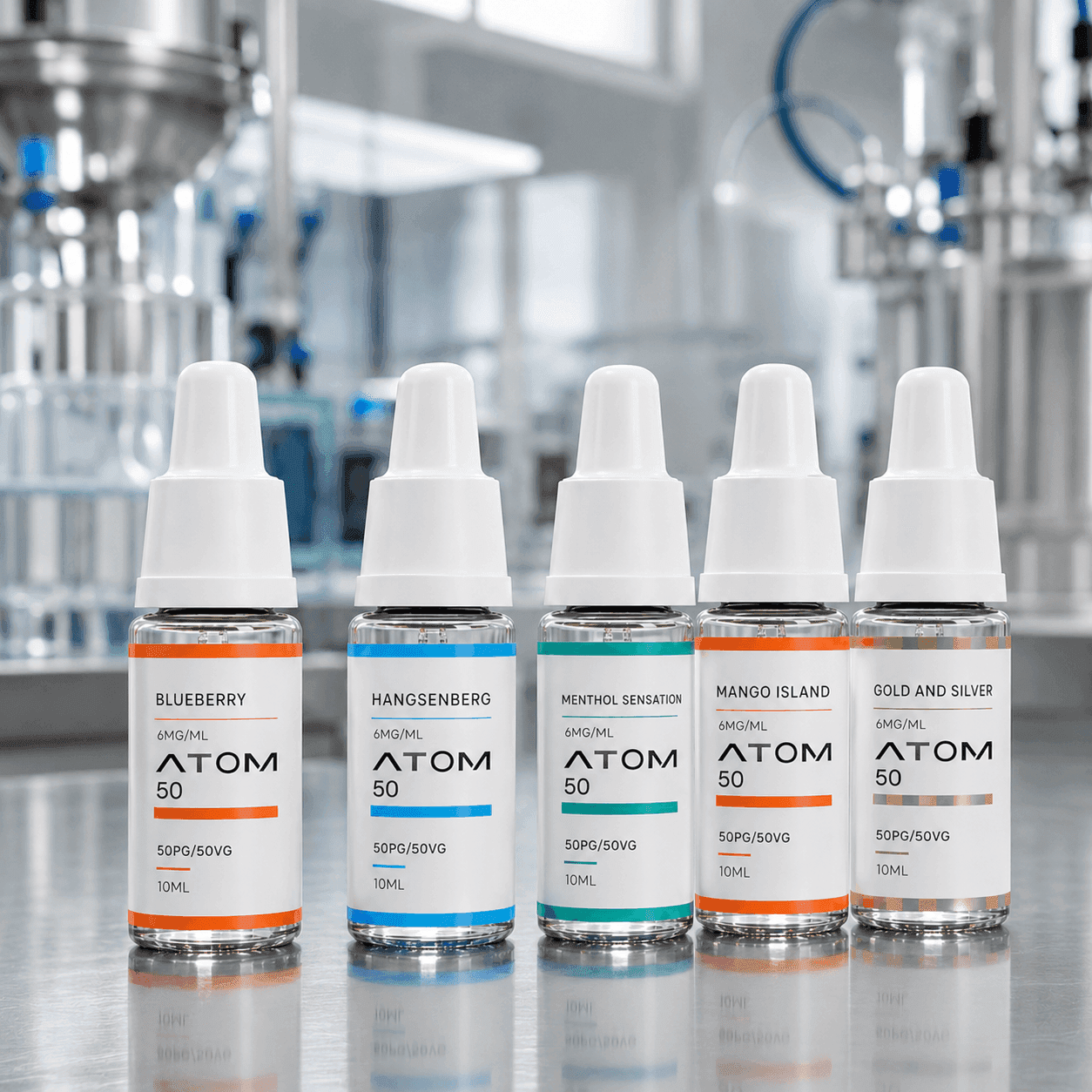 ATOM e-liquid bottles in a modern manufacturing facility for quality-controlled production