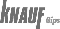 Knauf Gips Logo, grau auf schwarzem Hintergrund. Knauf Gipsplatten