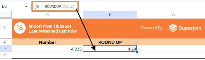 =ROUNDUP(A3, 2)