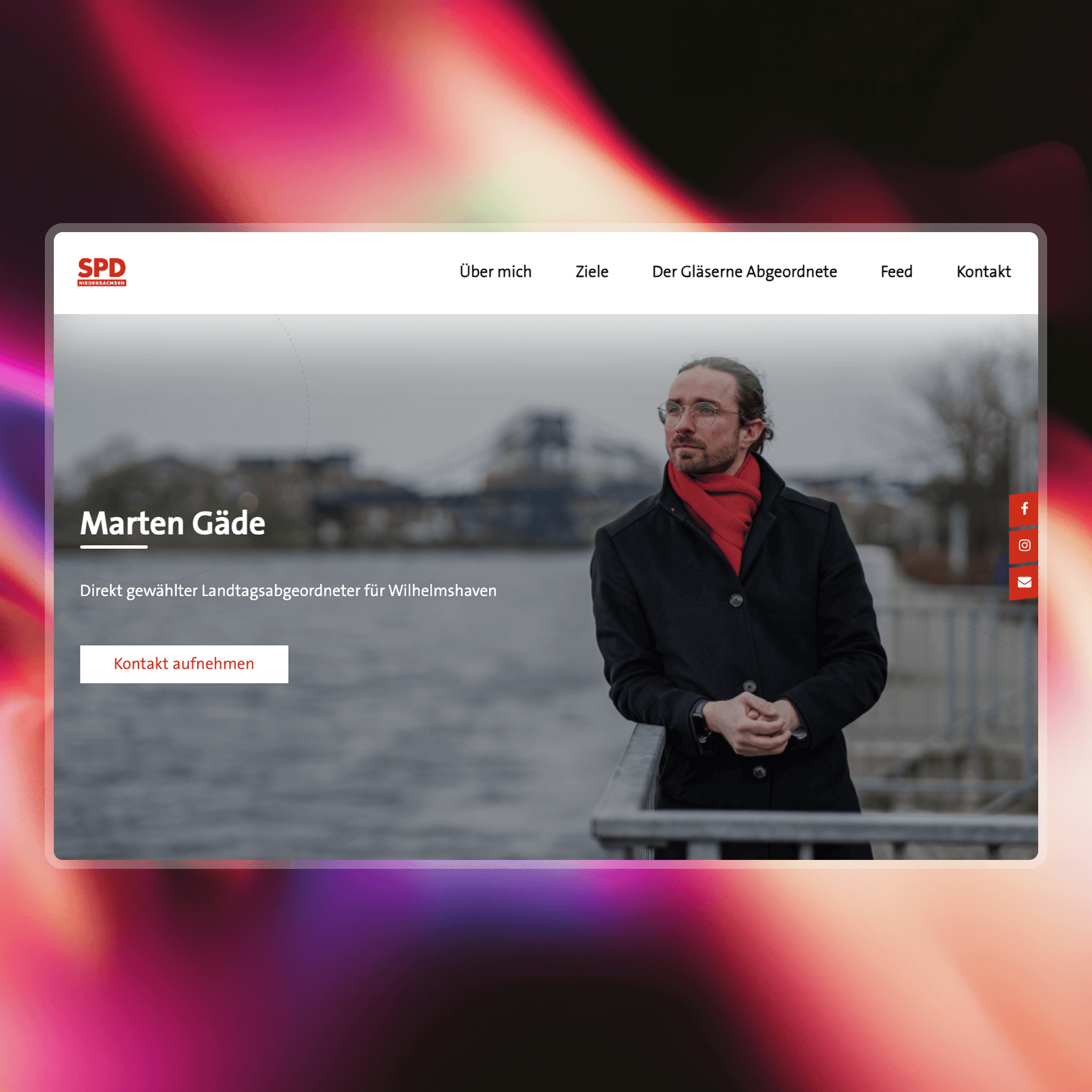 An SPD candidate wearing a black coat and red scarf stands in an outdoor setting near a water body, with cityscape elements in the background, framed by a modern website interface.