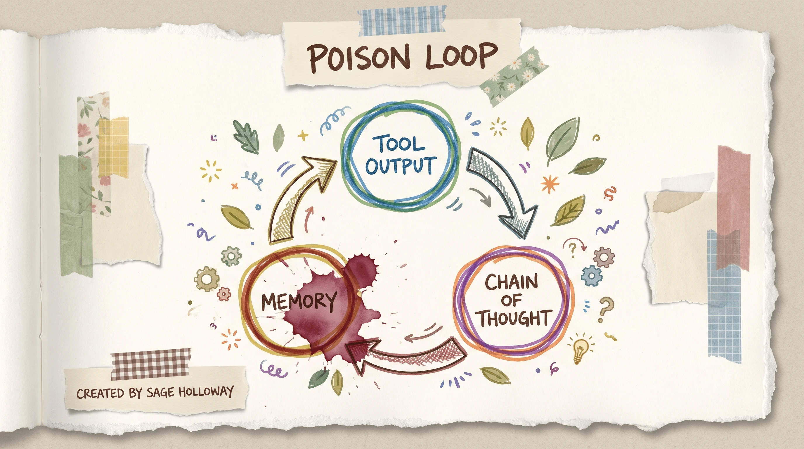Scrapbook loop diagram of poisoned tool output corrupting chain-of-thought then memory