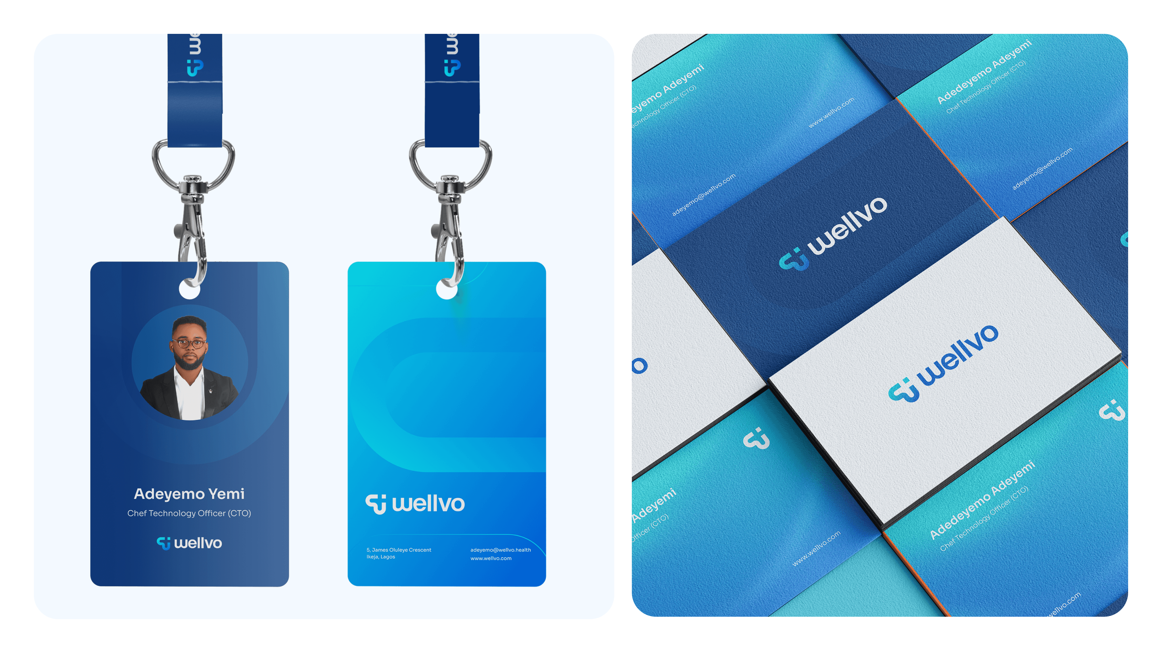 A side-by-side mockup of professional identification lanyards and a grid of blue and white business cards.