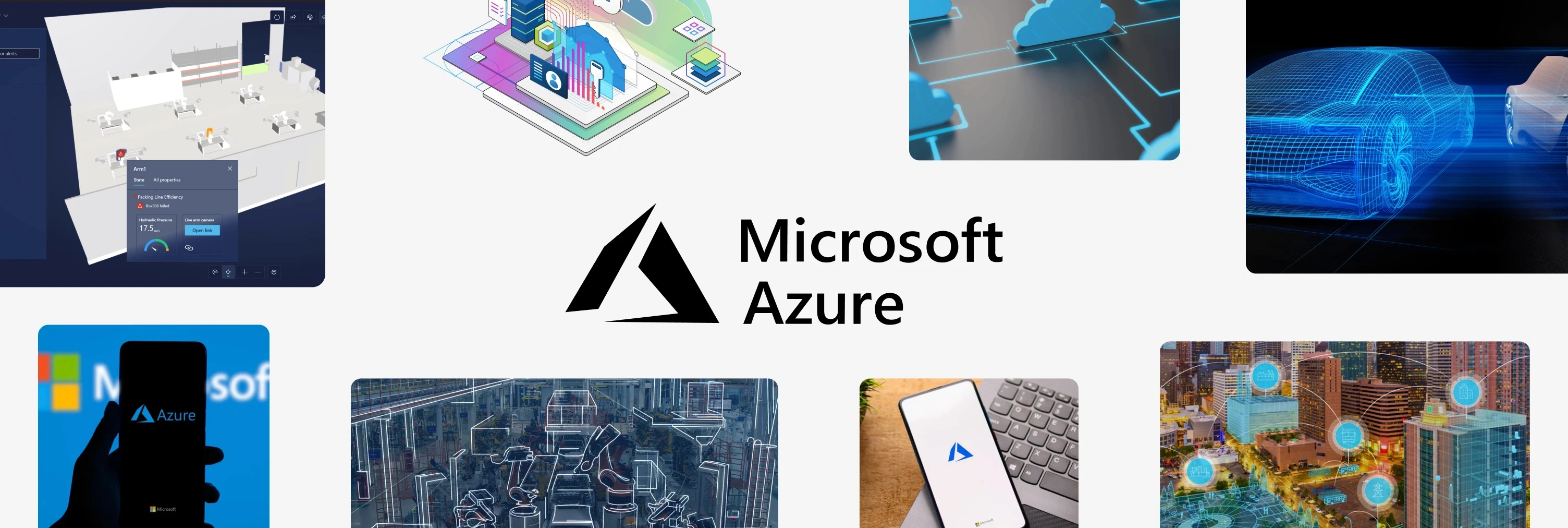 Microsoft Azure logo surrounded by Azure Digital Twins interface screens, cloud architecture diagrams and connected city visualizations