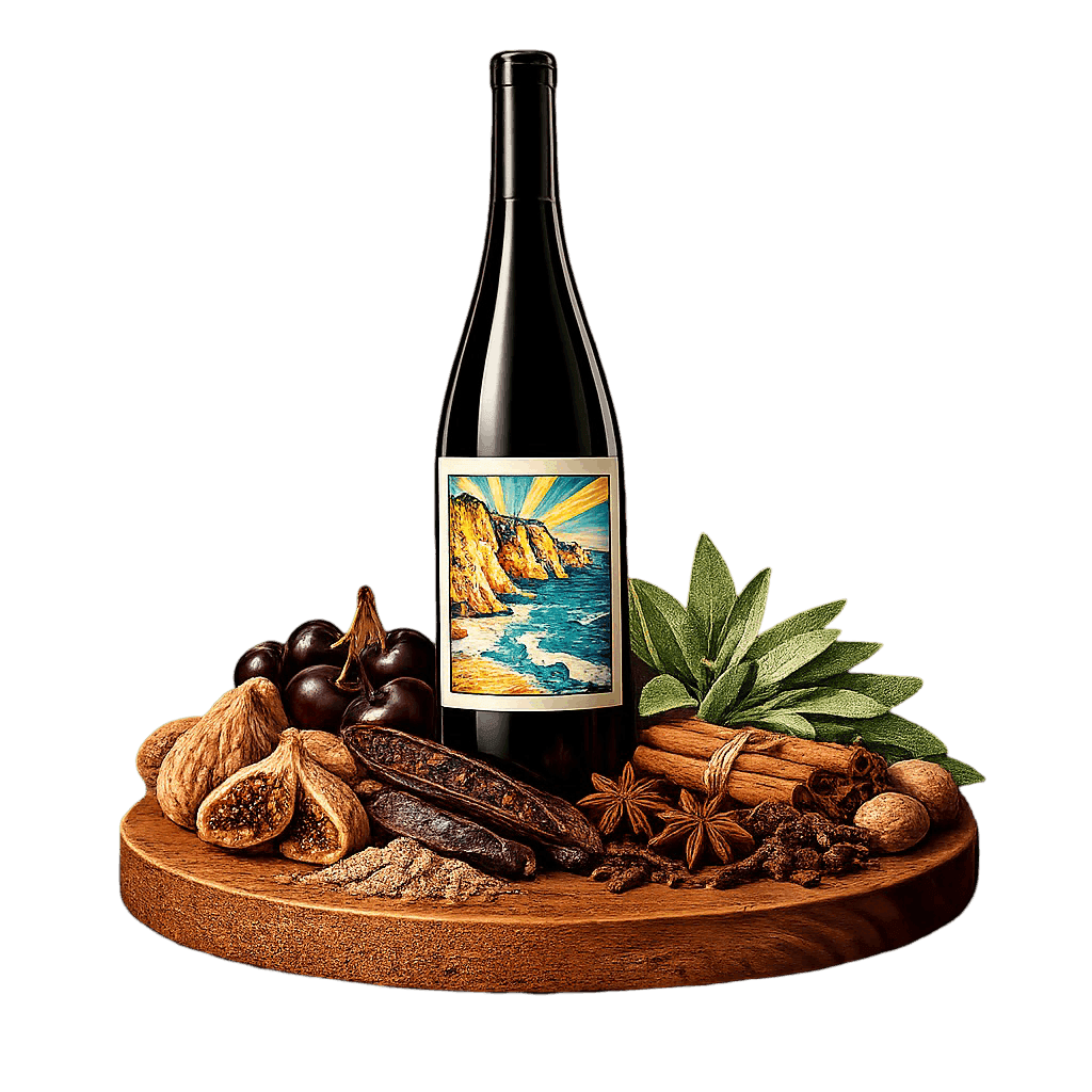 Artistic label and flavor profile for Dalmatian Plavac Mali on a rustic wooden table.